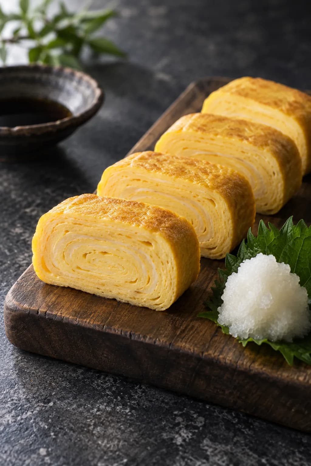 Japanese tamagoyaki rolled egg sliced into rounds on a cutting board — golden-yellow slices showing distinct spiral layers inside, served with grated daikon and drops of soy sauce, demonstrating the characteristic layered interior that indicates proper rolling technique