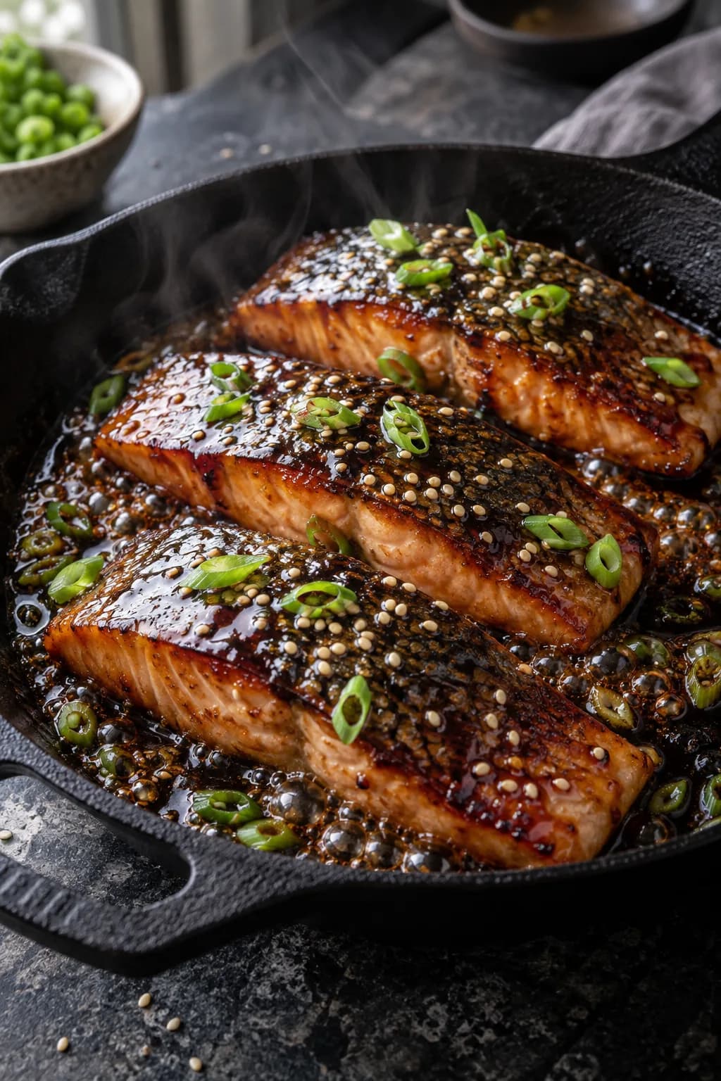 Japanese teriyaki salmon in a cast iron pan — two salmon fillets with golden-brown skin side up, lacquer-like glossy teriyaki glaze visible on the surface, caramelized edges where the sauce has reduced and charred slightly, served with steamed rice and a wedge of lemon, scallion julienne on top