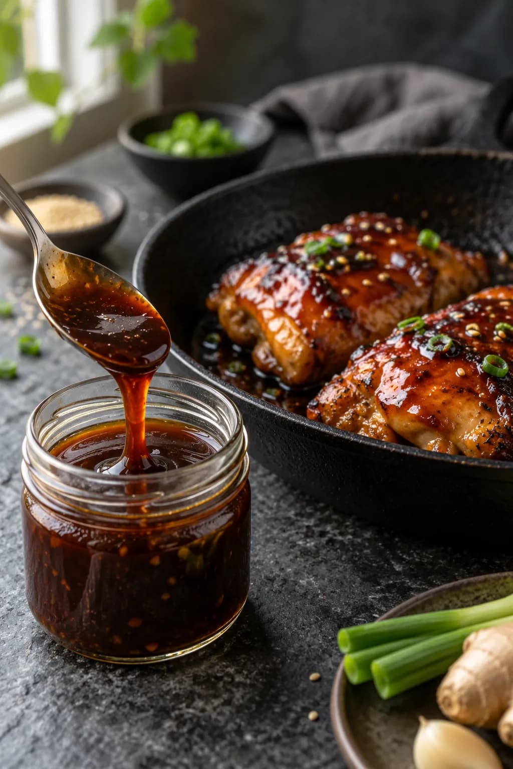 Japanese teriyaki chicken in a cast iron pan — two golden-brown chicken thighs with a lacquer-like glossy teriyaki glaze coating the surface, the sauce visibly thick and shiny from reduction, with white sesame seeds scattered on top and a small pile of julienned scallion beside the chicken, the pan showing the caramelized teriyaki drippings