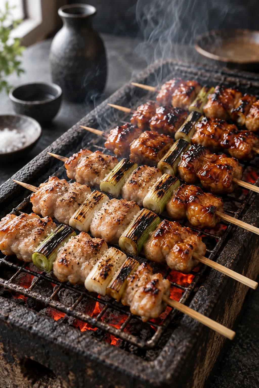 Japanese yakitori chicken skewers on a grill — rows of bamboo-skewered chicken thigh pieces and green onion alternating, some dark-glazed with tare sauce (soy-mirin glaze) and some pale with salt, with visible char marks from the grill