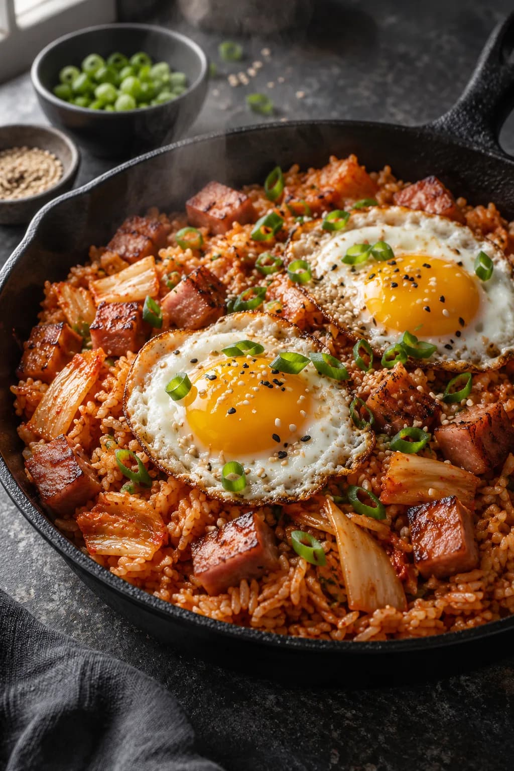 Kimchi fried rice with Spam in a cast iron pan, topped with two fried eggs with runny yolks, sesame seeds, and sliced scallions