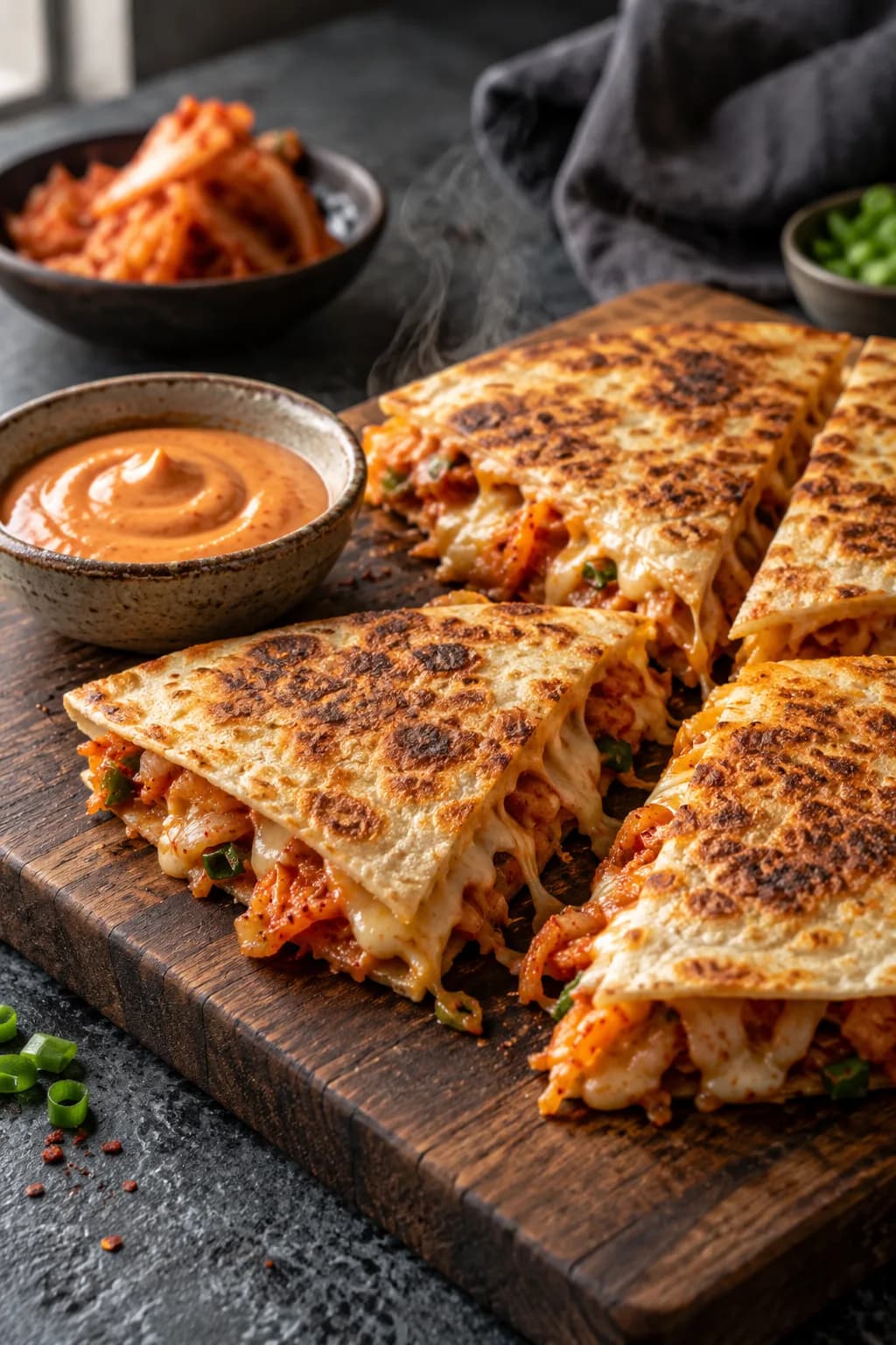 Kimchi quesadilla — a golden, crispy tortilla filled with melted cheese and fermented kimchi, served with gochujang crema.
