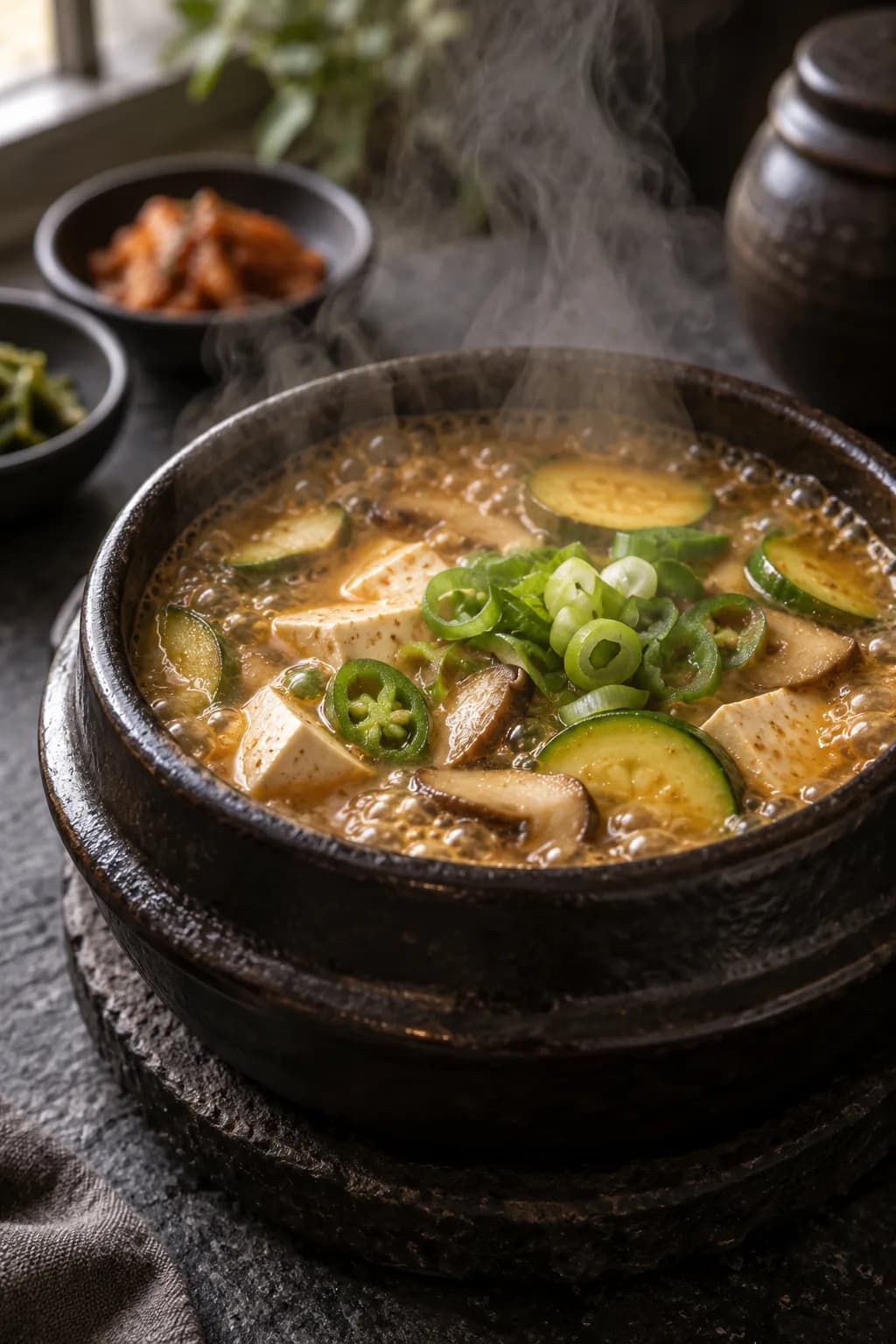 Korean doenjang jjigae in a traditional earthenware dolsot pot still bubbling — a deep terracotta jjigae pot showing the characteristic murky amber-brown broth of fermented soybean paste stew, white firm tofu cubes, green zucchini rounds, rehydrated shiitake mushrooms, scallion rings floating on top, with the sizzle of the active simmer visible at the pot edges
