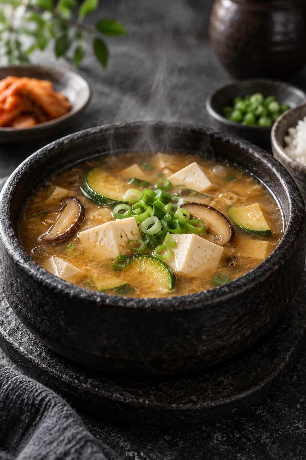 Korean doenjang guk in a stone pot — cloudy amber-brown fermented soybean paste soup with silken tofu cubes, sliced zucchini, mushroom pieces, and scallions, with steam rising, showing a traditional Korean everyday soup
