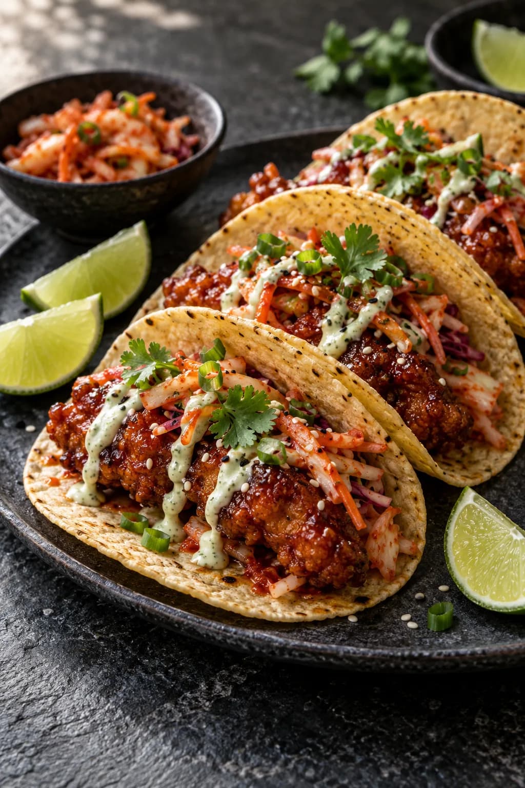 Korean fried chicken tacos with gochujang glaze, kimchi slaw, and sesame-lime crema on corn tortillas.