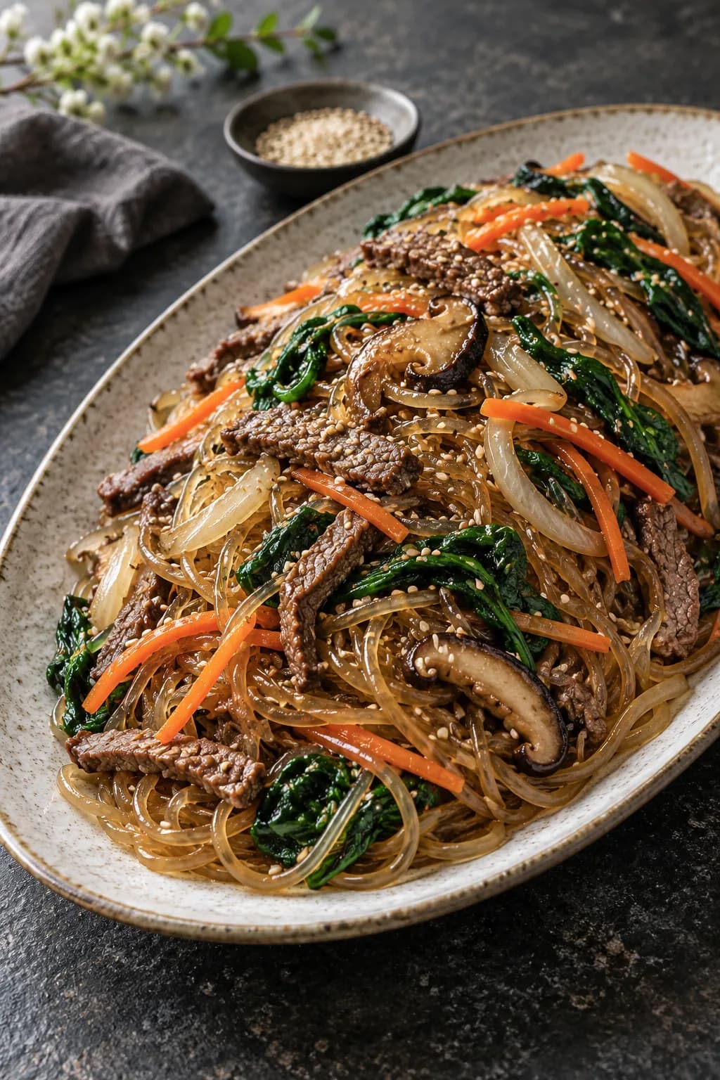 Korean japchae glass noodle stir-fry on a large oval plate — translucent sweet potato glass noodles intertwined with colorful julienned vegetables: vivid orange carrots, green spinach, golden-yellow egg shreds, brown soy-seasoned beef, red bell pepper strips, and white mushroom slices, sesame seeds scattered throughout showing the characteristic colorful presentation of this Korean celebratory noodle dish