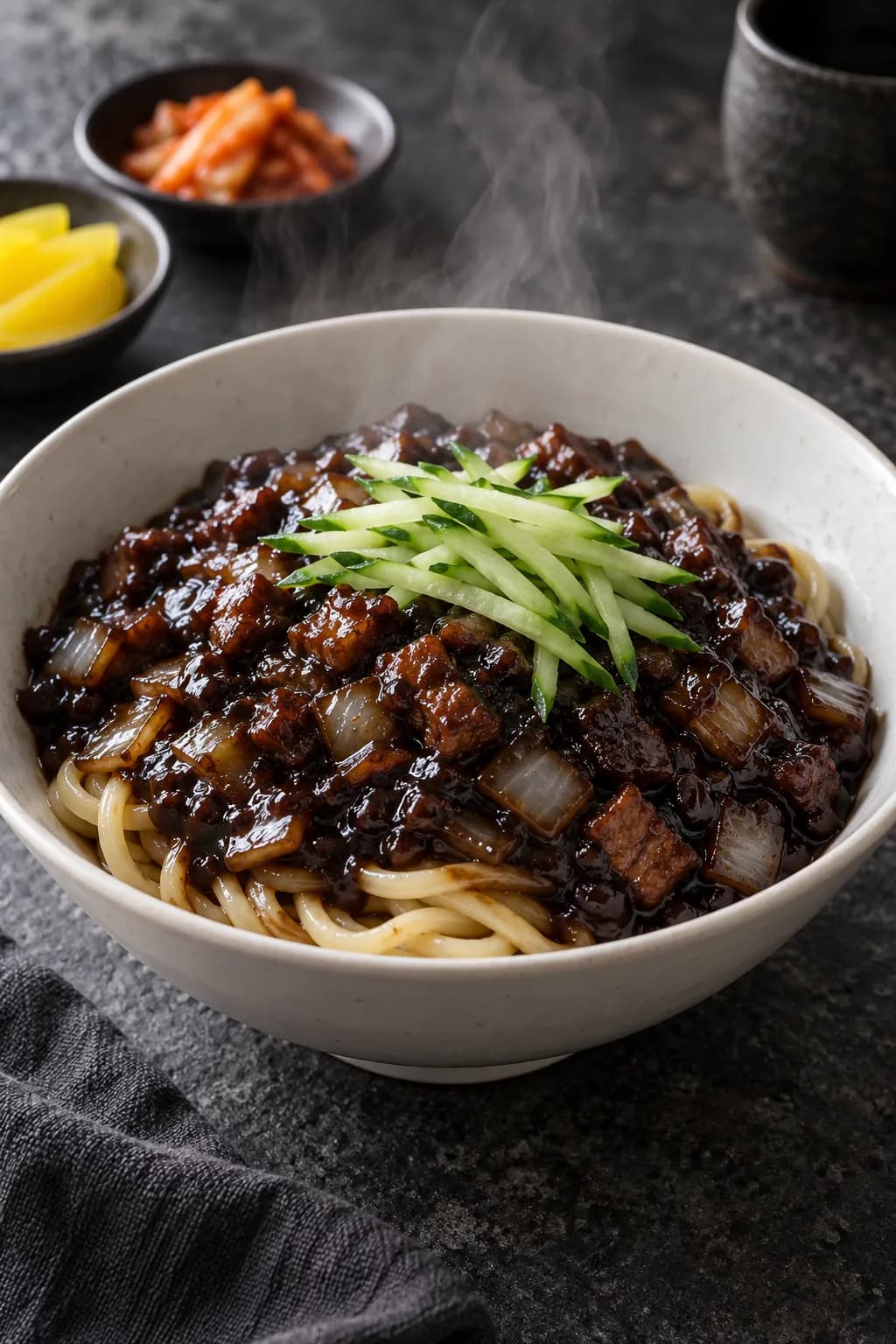 Korean jjajangmyeon black bean noodles in a white bowl — thick noodles under a dark glossy chunjang sauce with pork and onion, with julienned cucumber garnish on top