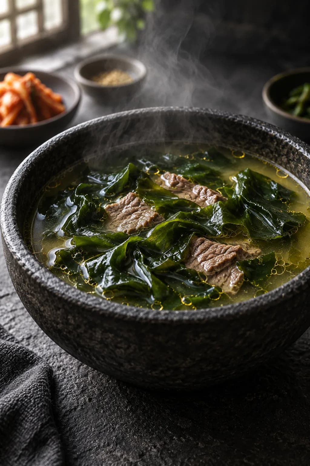 Korean miyeok guk in a stone bowl — silky dark green seaweed ribbons in clear amber broth with thinly sliced beef, sesame oil droplets on the surface, scallions and white rice alongside, the seaweed texture showing the characteristic silky softness of properly cooked miyeok
