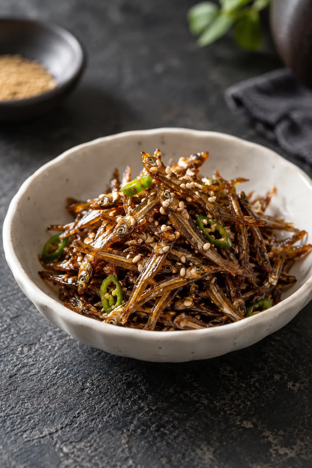Korean myeolchi jorim glazed dried anchovies in a small white ceramic dish — small dried anchovy pieces showing the characteristic deep brown lacquered soy-sugar glaze, sesame seeds scattered throughout, a few chili pepper rounds visible for mild heat, the sticky caramelized glaze coating each tiny anchovy giving the characteristic sheen of this essential Korean banchan