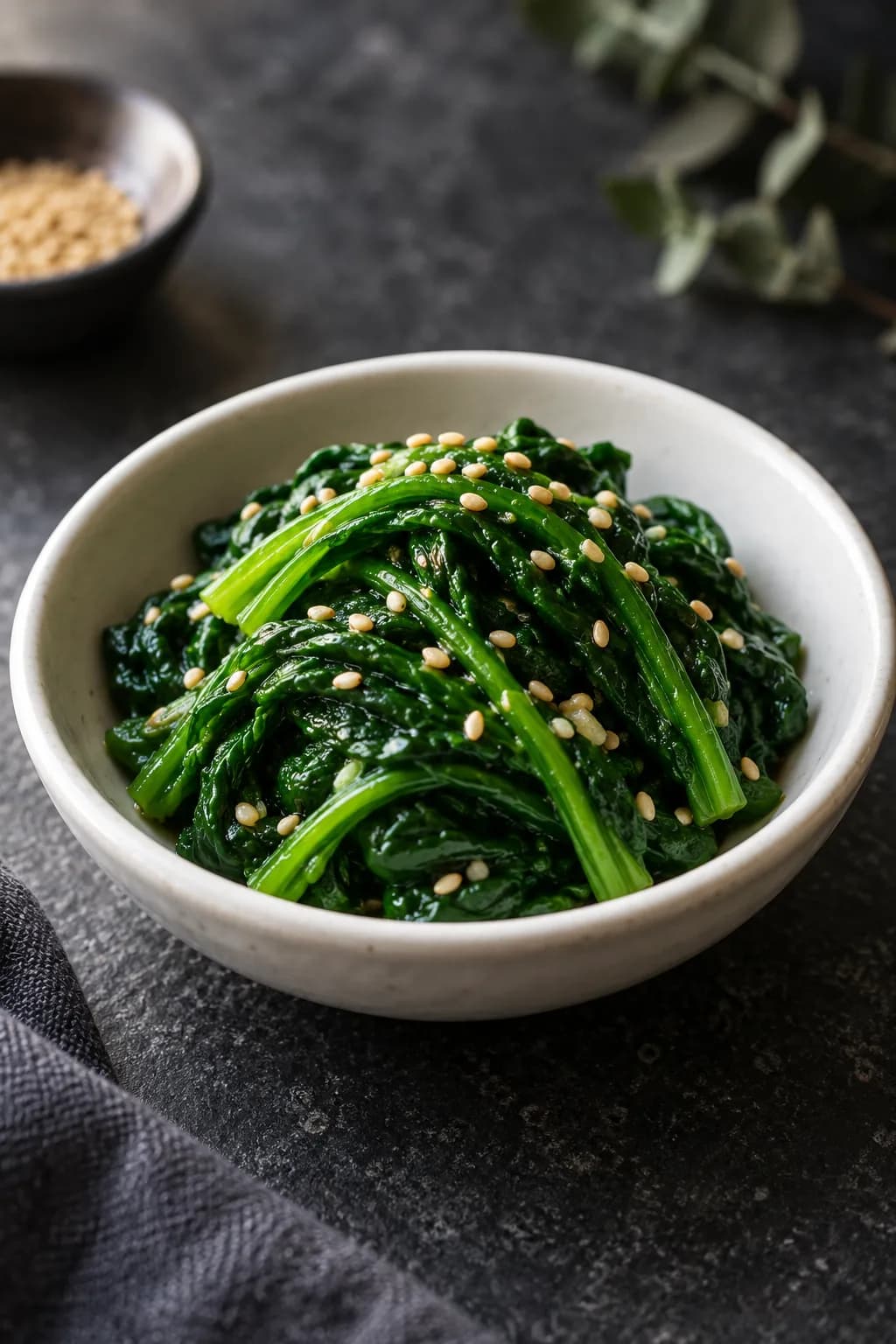 Korean sigeumchi namul sesame spinach in a white ceramic dish — deep green blanched spinach in small neat bundles, glistening with sesame oil, showing the characteristic deep color and soft texture of correctly blanched and squeezed Korean spinach namul, scattered with sesame seeds and a pinch of thin-sliced scallion