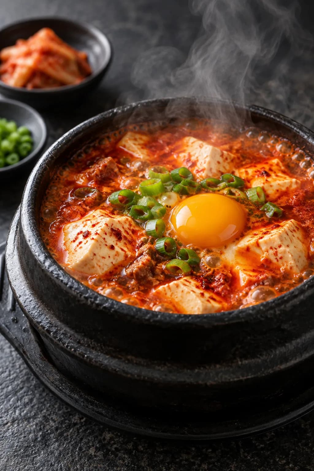 Korean sundubu jjigae soft tofu stew in a stone dolsot pot — deep red gochugaru broth bubbling around soft white silken tofu cubes that haven't been stirred so they remain in large intact blocks, a raw egg cracked on top and just beginning to set from the residual heat, with clams, scallion, and red pepper slices
