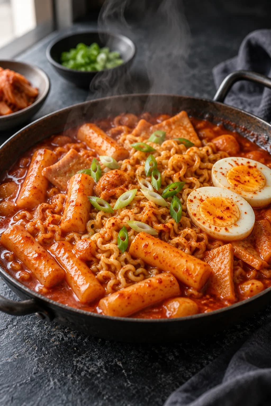 Korean rabokki in a shallow pan — bright red-orange gochujang sauce coating chewy cylindrical tteok rice cakes and curly ramen noodles, with sliced fish cakes and hard boiled egg halves visible, steam rising