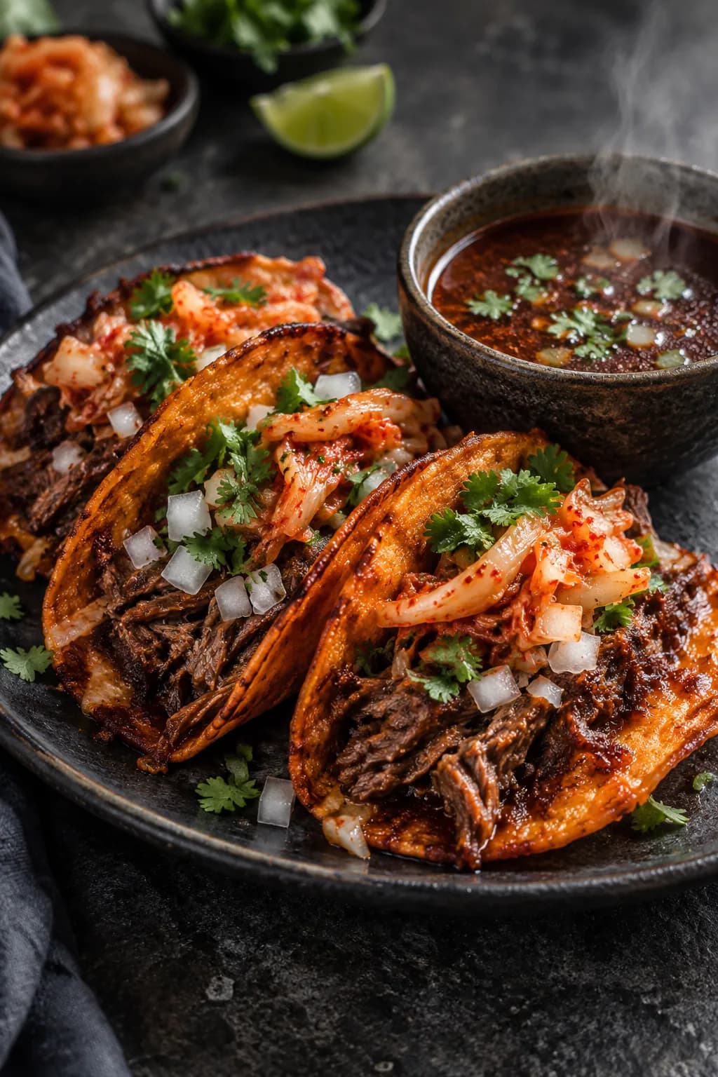Korean-Mexican birria tacos on a plate — crispy red-dipped corn tortillas filled with shredded beef, kimchi salsa, white onion, cilantro, with a cup of consommé for dipping.
