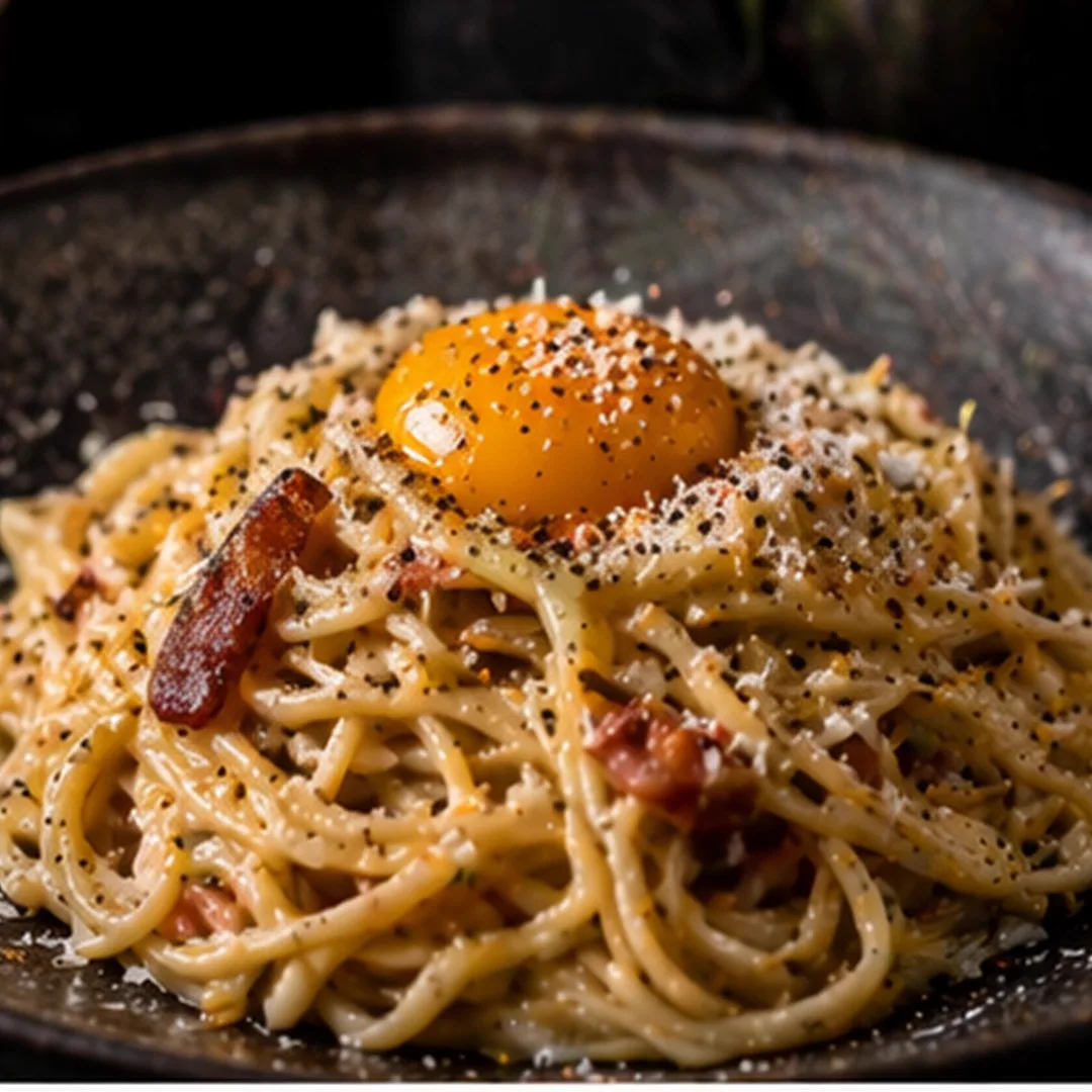 Miso carbonara in a white bowl — glossy spaghetti coated in creamy pale egg sauce, topped with crispy pancetta and black pepper, a small bowl of white miso alongside.