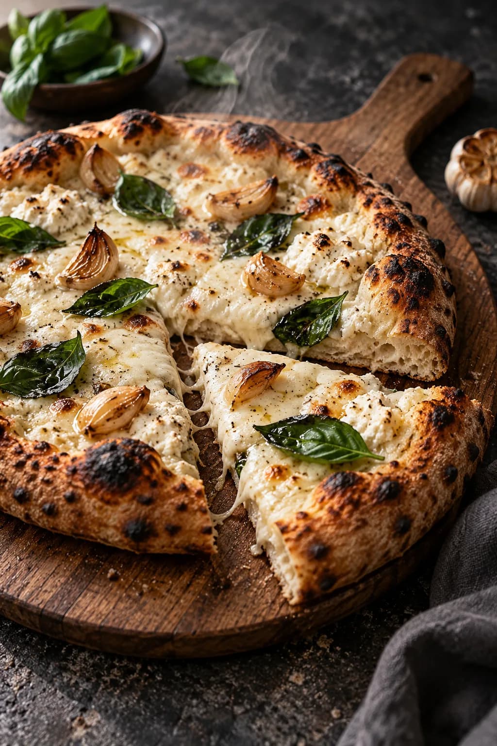 Miso white pizza — a blistered crust topped with ricotta-miso cream, molten mozzarella, roasted garlic, and fresh basil.