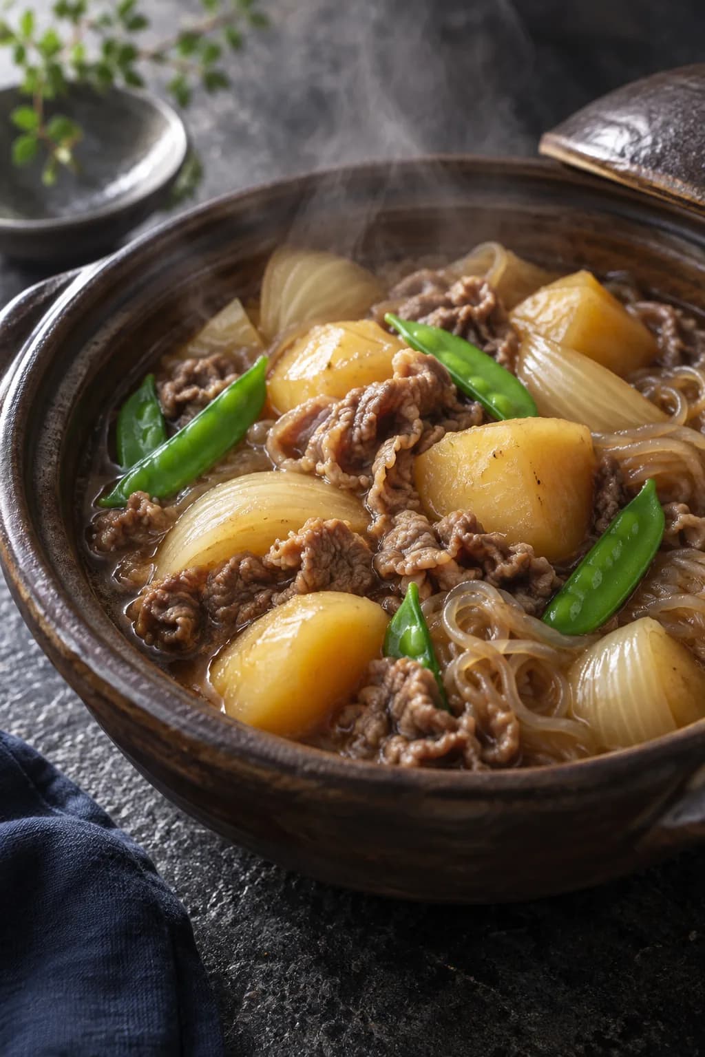 Japanese nikujaga beef and potato stew in a clay pot — chunks of potato, thinly sliced beef, onion, and clear konnyaku noodles in a clear amber sweet soy broth, peas visible on top