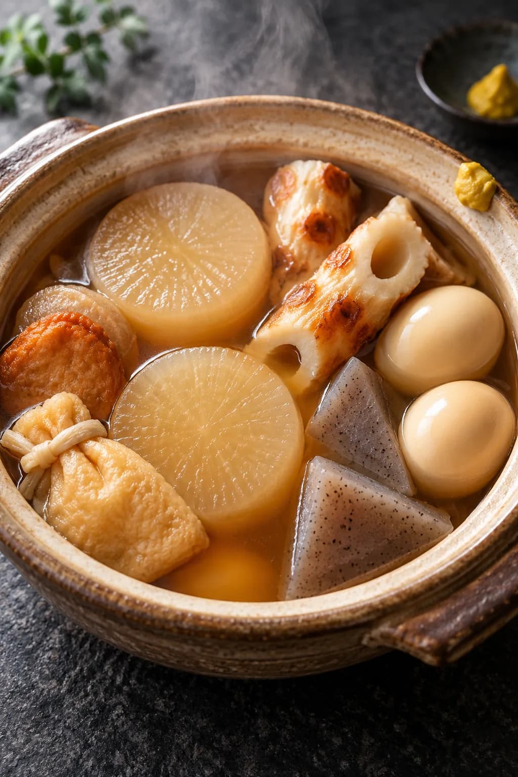 Wide clay pot of oden from above — clear amber dashi broth with large pieces of daikon, chikuwa fish cakes, konnyaku triangles, and boiled eggs