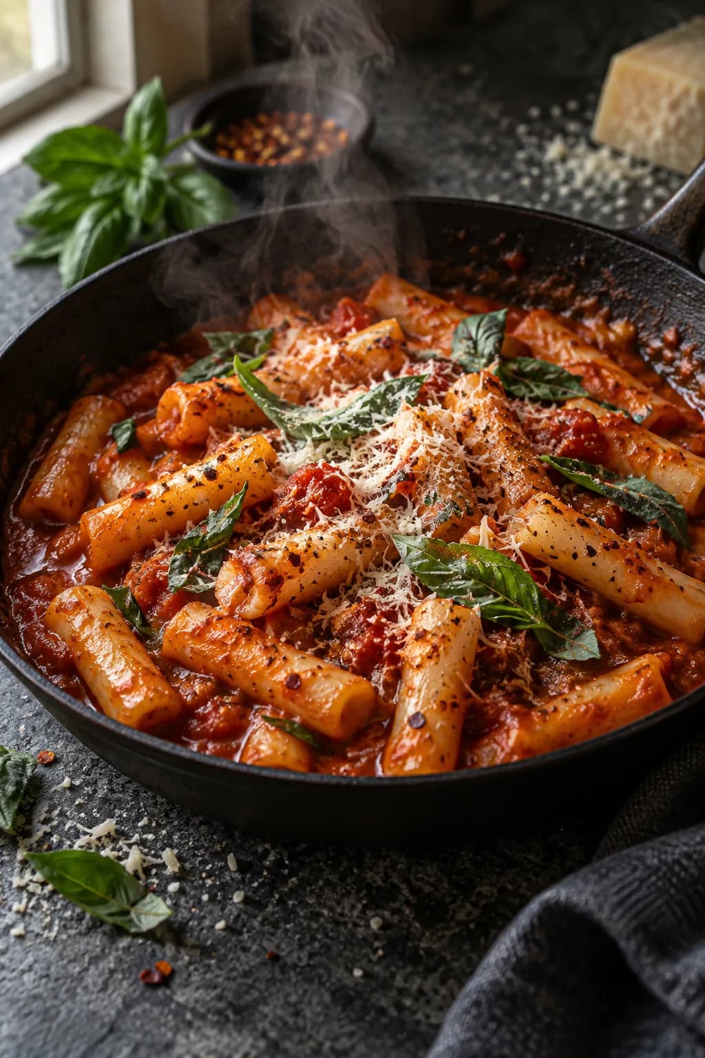 Tteokbokki arrabbiata — Korean rice cakes in spicy tomato sauce with Italian chili and garlic.