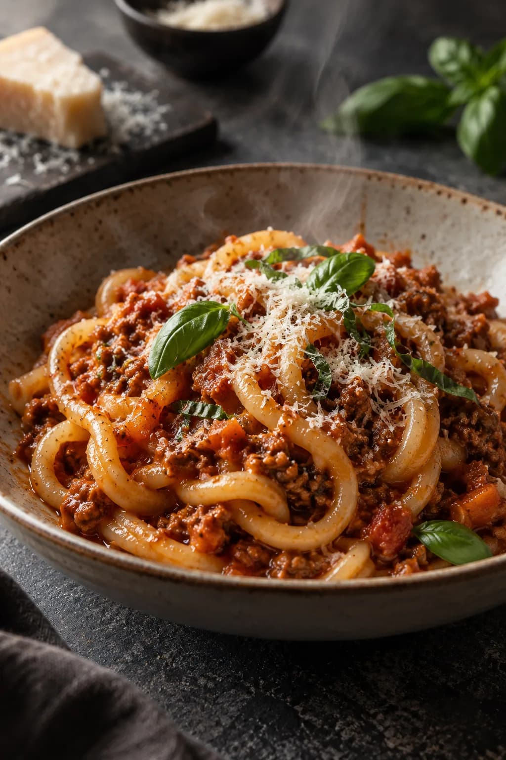 Udon Bolognese — wide udon noodles coated in a rich, slow-cooked meat ragù with a fine mince and glossy sauce.