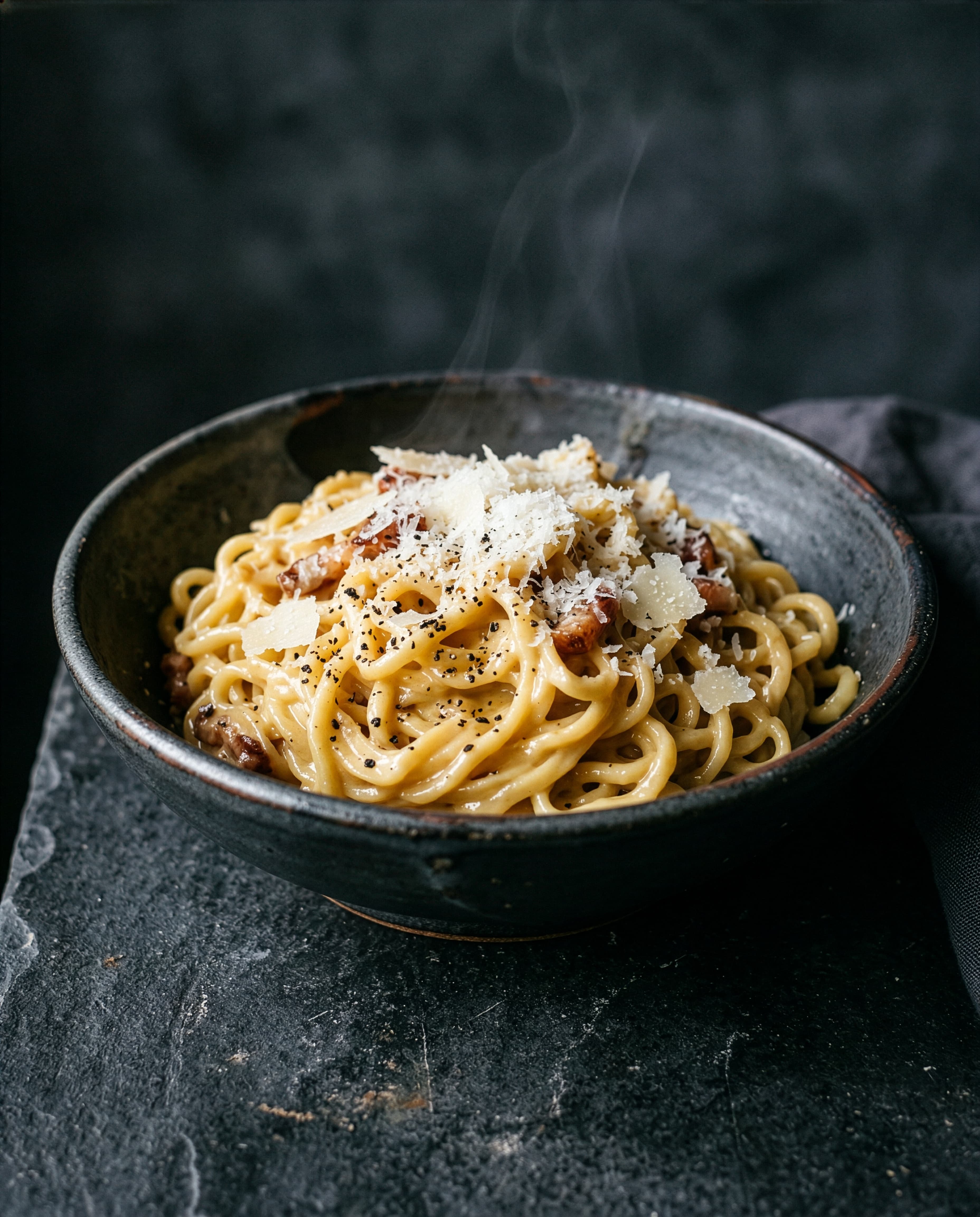 A shallow black bowl of cacio e pepe with a single sheet of bonito on top, low light.