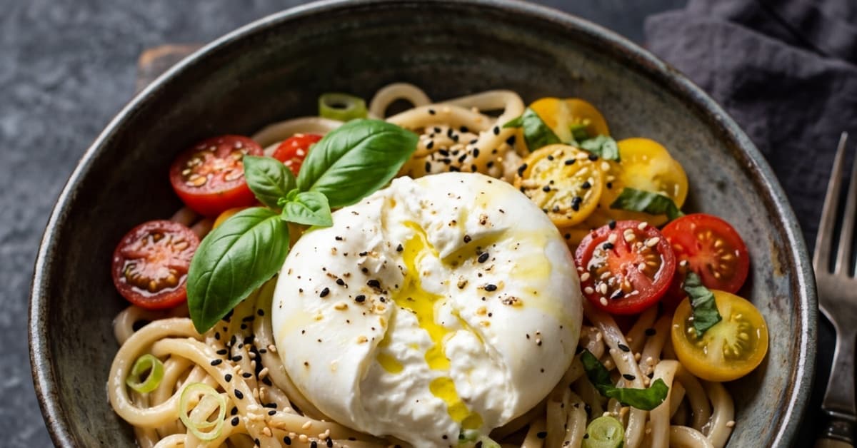 A nest of spaghetti glossed with olive oil and shoyu, a single chili flake catching the light.